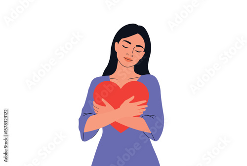 Girl hugging red heart, self-love concept vector illustration.