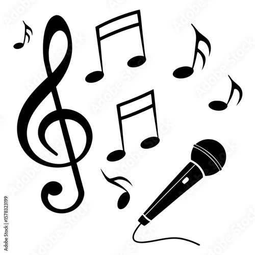 Music notes and microphone silhouettes treble clef