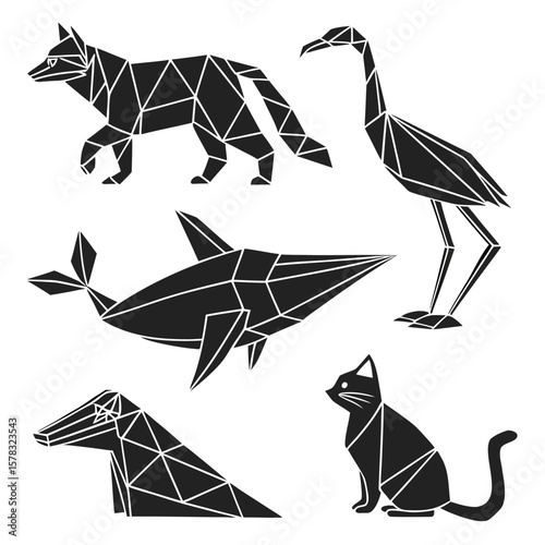 Origami animals fox crane shark cat geometric vector