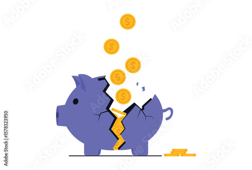 Broken piggy bank and spilling coins, financial crisis vector illustration.