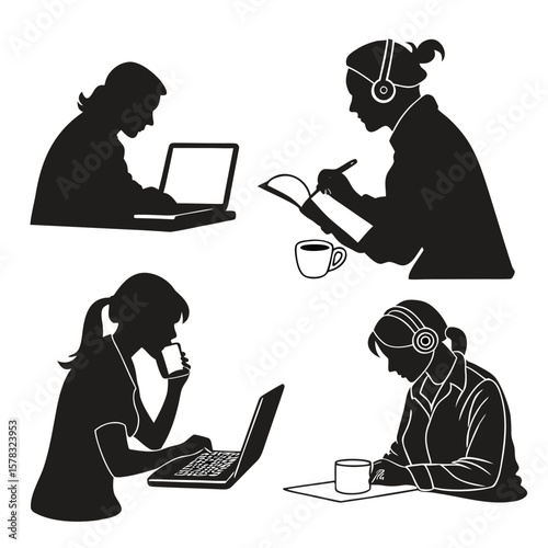 People working on laptops and phones silhouette