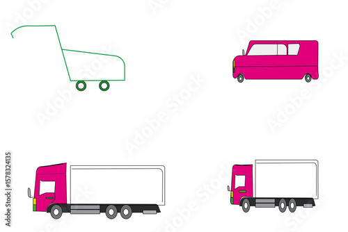 Vector Set of Transportation and Shopping Elements – Delivery Trucks, Cargo Van, and Shopping Cart Isolated on White Background

