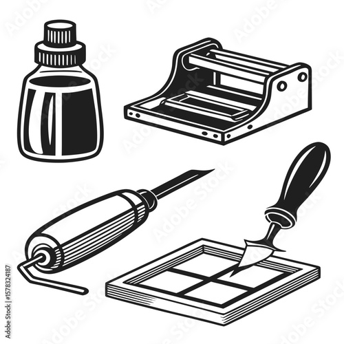 Printing press tools ink bottle roller and composing stick