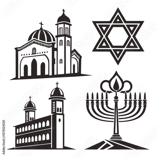 Religious buildings and symbols synagogue menorah