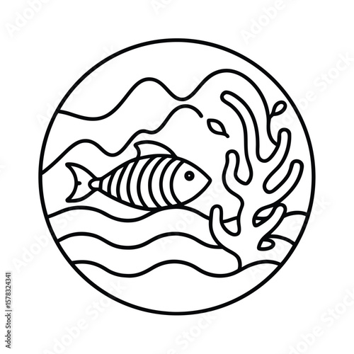 Continuous Flow Illustration Of Waves Fish And Coral For Ocean Conservation In Aquatic Line Art