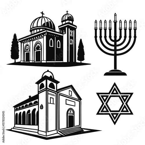 Religious buildings and symbols synagogue menorah