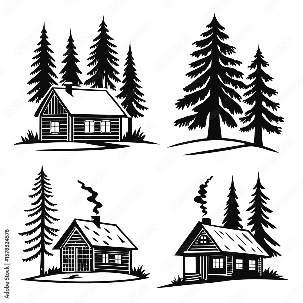 Obraz premium Rustic cabins and pine trees silhouettes cottage house
