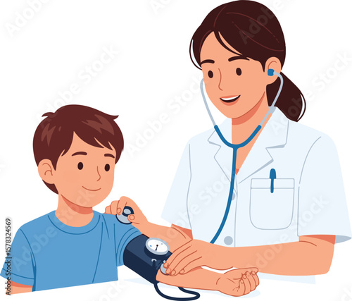 A female doctor checking a young boy's blood pressure using a stethoscope.