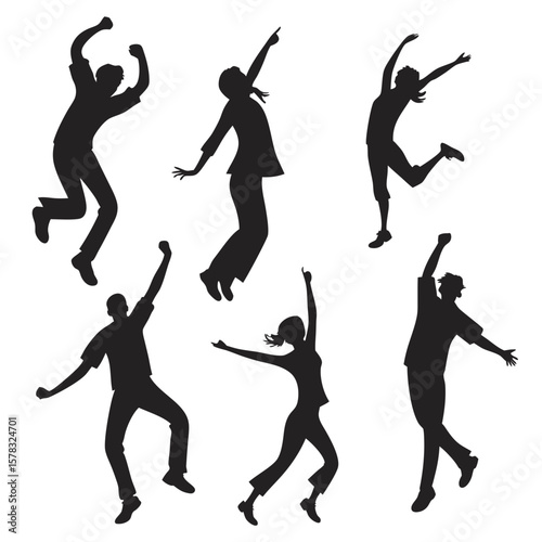 Seven abstract figures celebrating with dynamic poses