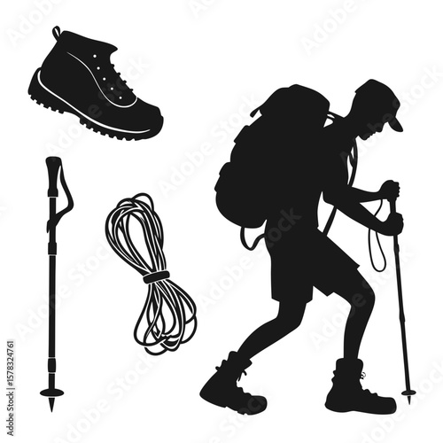 Silhouette hiker with backpack trekking poles and boot