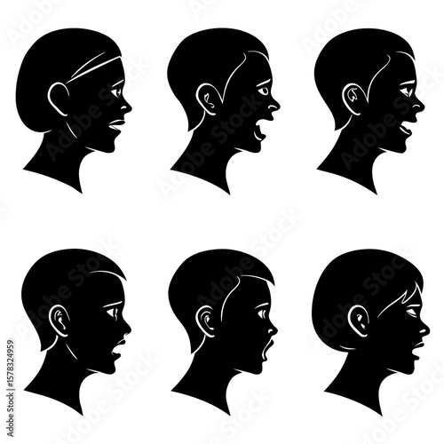 Six human face profile silhouettes expressing emotions