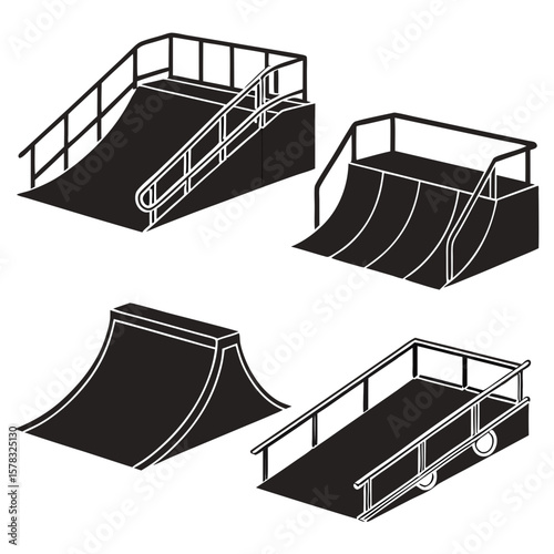 Skatepark ramps and rails black and white skateboarding
