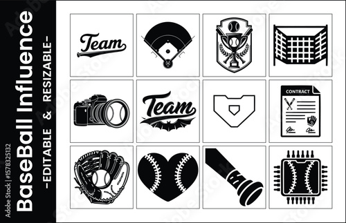 Baseball Themed Icon Collection Featuring Field,Glove,Team Logos And Contract Illustration