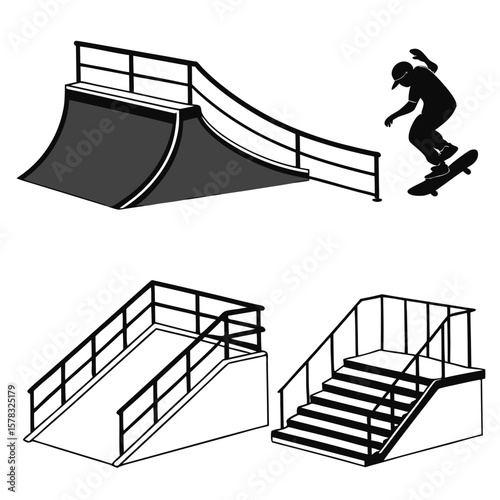 Skatepark ramps and skateboarder silhouette rails