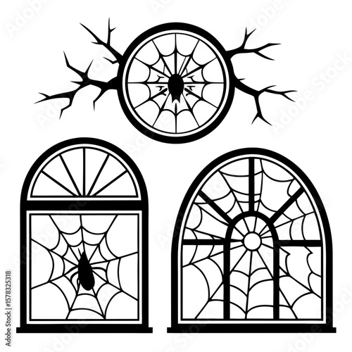 Spooky spiderweb windows and branches halloween silhouette
