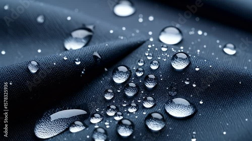 Water Droplets on Fabric: A macro view presents clear water droplets clinging to the surface of a sleek, textured fabric, displaying concepts of texture and the ability of fabric to repel water.