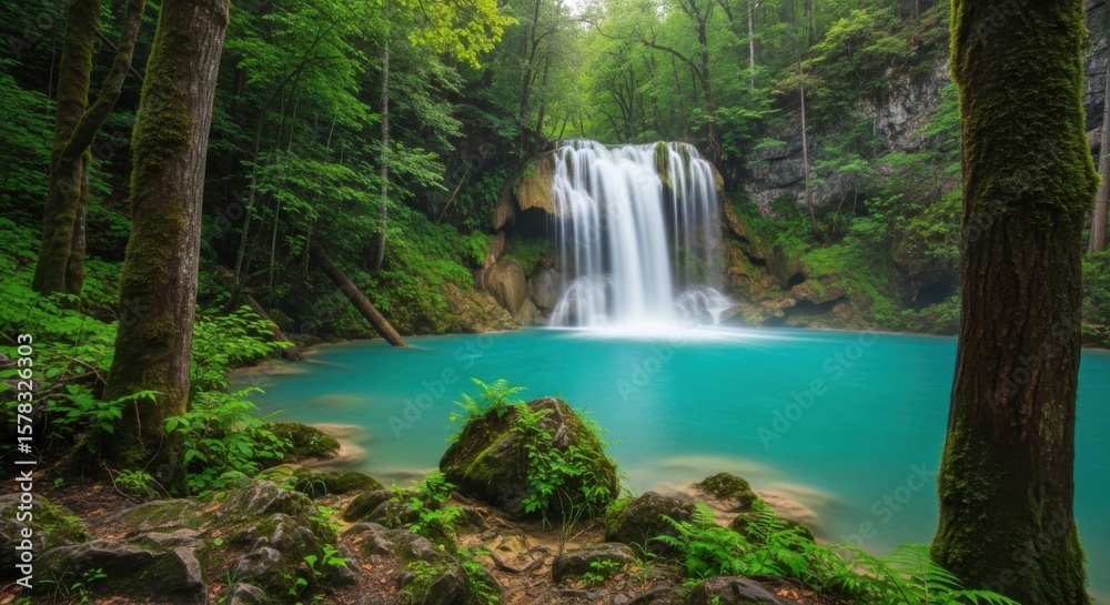 Fototapeta premium A Majestic Waterfall Cascading into a Turquoise Pool Surrounded by Lush Green Forest