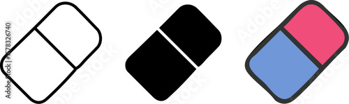 Three eraser icons, one outline, one solid black, and one with pink and blue colors.