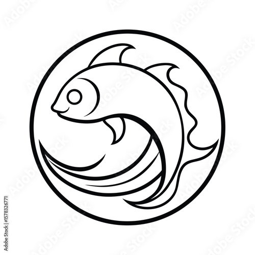 Outline Of Fish And Wave Making Yin Yang Shape Representing Balance Nature And Eco Conservation vector line art on white background
