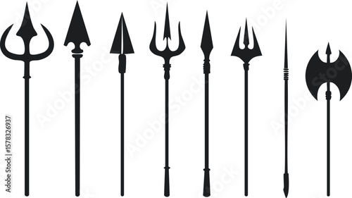 Vector Collection of Medieval Weapons Featuring Spears, Tridents, Arrows, and Lances in a Minimalist Black and White Silhouette Style

