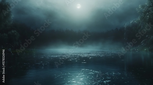 Misty night river landscape