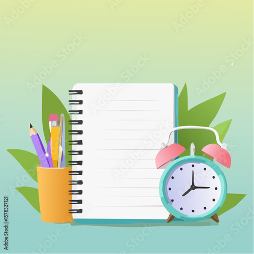 Notebook, alarm clock and stationery on colored background with space for text