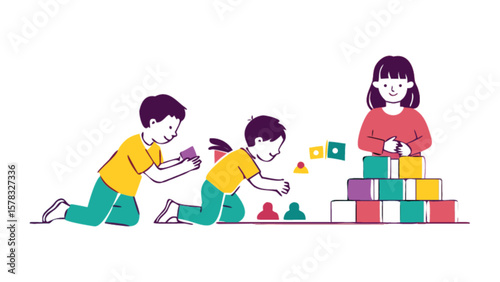 Children playing with building blocks and toys vector illustration for kids activity design concept