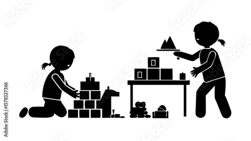 Children playing building blocks with parent illustration for early childhood development and learning activities