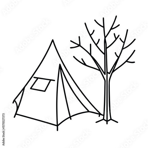 Single Line Shelter Tent Under Tree Representing Eco Camping Sustainable Travel And Nature Living vector line art on white background