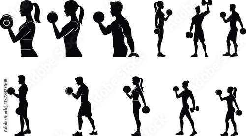 Fitness exercise vector set with dumbbell and weightlifting poses