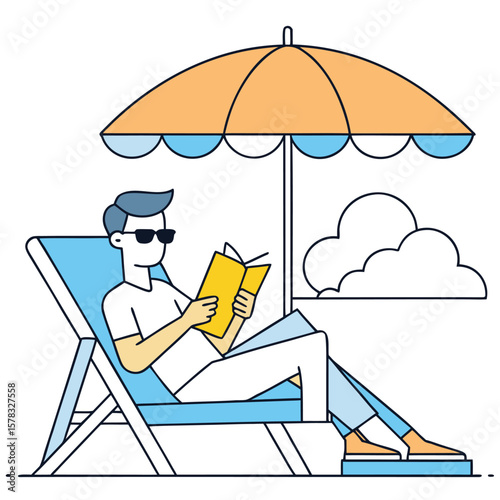 Man reading book under umbrella on lounge chair vector