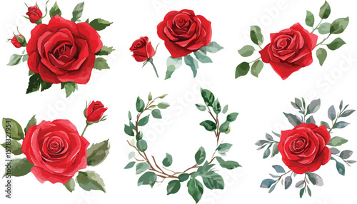 Watercolor Red Roses and Green Leaves Isolated on White Background Set