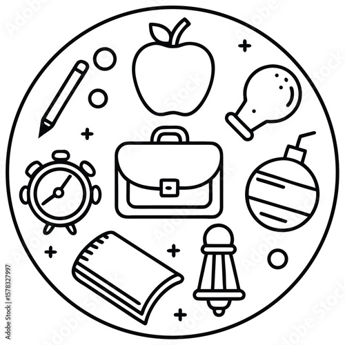 School supplies and apple in circle education briefcase