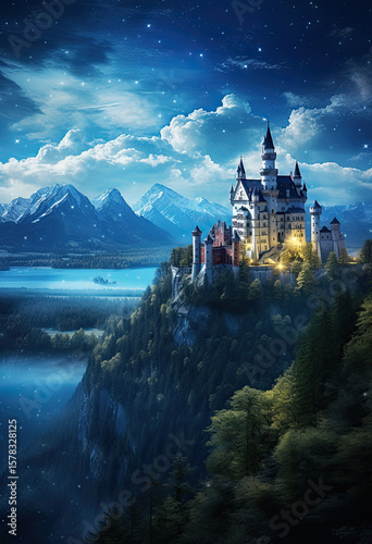 A castle under a starry night sky