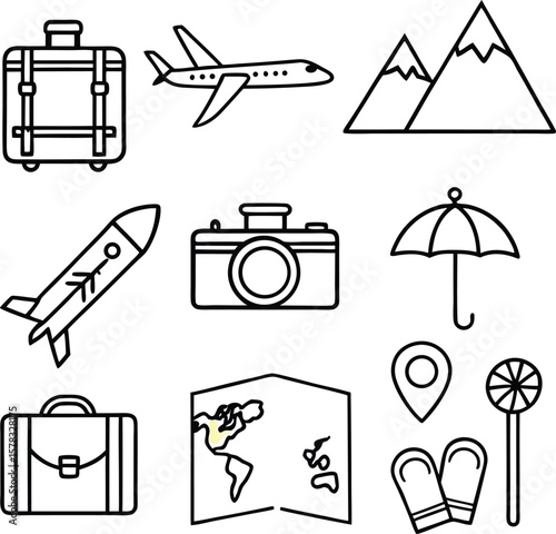 Travel and leisure icons suitcase airplane mountains camera umbrella map vacation