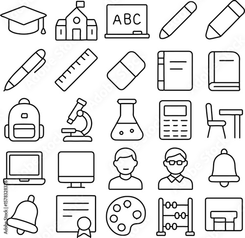 Collection of simple line art icons representing various school and educational tools.
