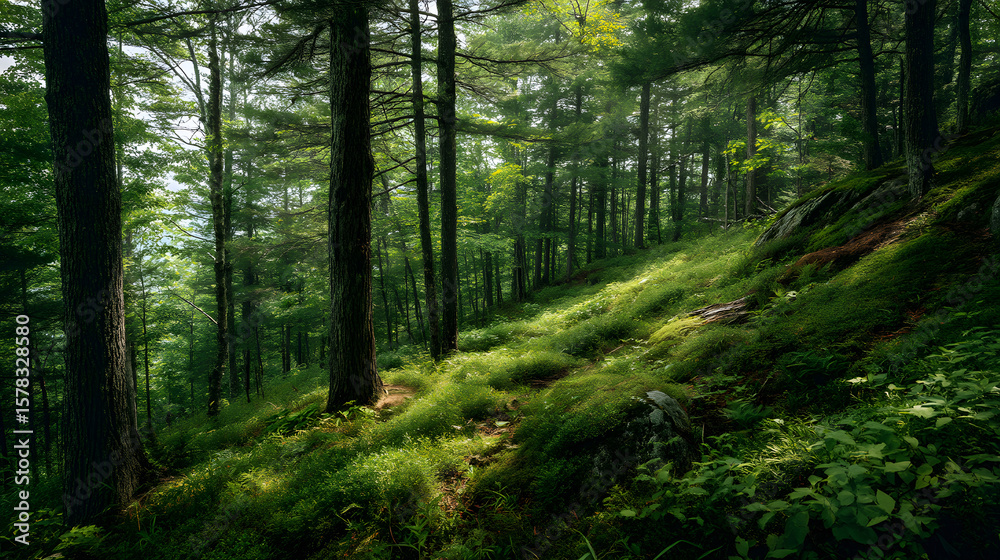 Obraz premium Sun-dappled Green Forest Hillside with Tall Trees and Lush Undergrowth, a Serene Woodland Landscape Bathed in Golden Light and Verdant Foliage