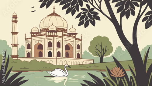 Beautiful garden landscape with swans, gazebo, pond, flowers, and trees vector illustration design art