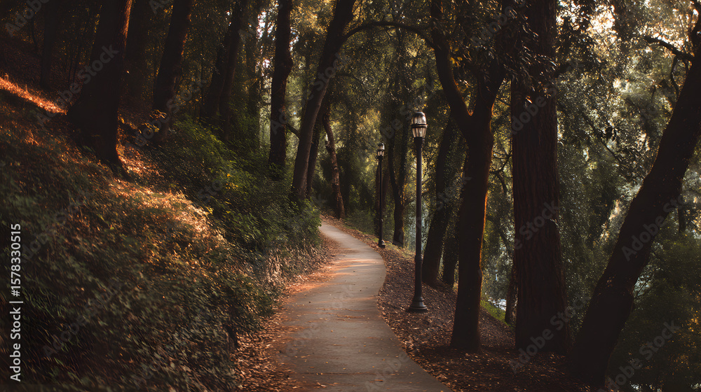 Obraz premium Peaceful winding path through a sun-dappled forest with ancient trees and elegant lampposts, creating an inviting natural tunnel