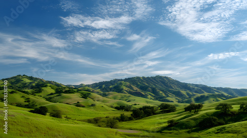 Vibrant Green Rolling Hills Under a Clear Blue Sky with Wispy Clouds in a Serene Spring Landscape, Ideal for Nature and Outdoor Themes