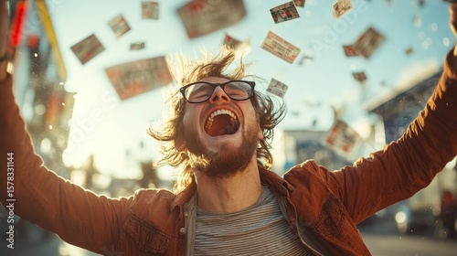 Excited man shouting in joy outdoors as winning lottery tickets fly in the air under bright daylight in the city.
