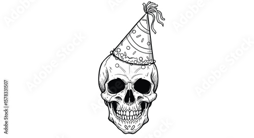 A Humorous Illustration of a Skull Wearing a Festive Party Hat in Black and White