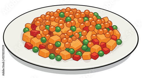 A plate of vibrant vegetable medley: peas, cubes, and spherical components