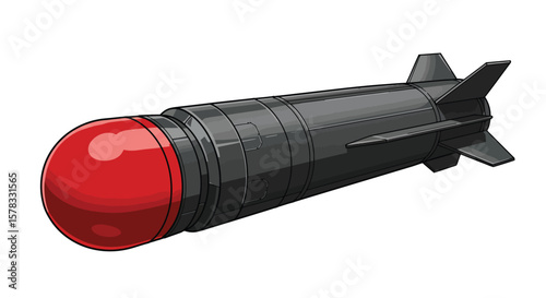A stylized depiction of a missile with a red nose cone ready for launch or attack