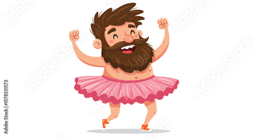 A Joyful, Beared Man in Pink Tutu Dancing on a White Background