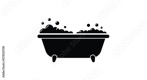 Black and White Illustration of a Bathtub Filled with Bubbles for Relaxation and Wellness