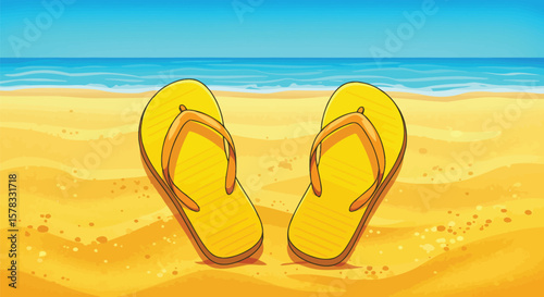 Beach scene illustration featuring yellow flip-flops and blue ocean under a sunny sky