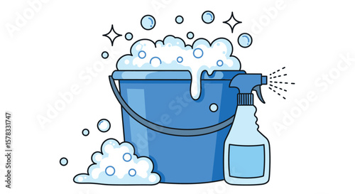 Cartoon depiction of cleaning supplies: bucket, bubbles and spray bottle for house chores