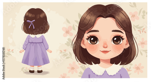 Charming cartoon illustration of a young girl in a lilac dress against a floral background