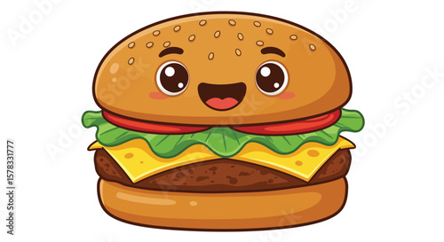 Cheerful cartoon burger illustration with smiling face and delicious ingredients